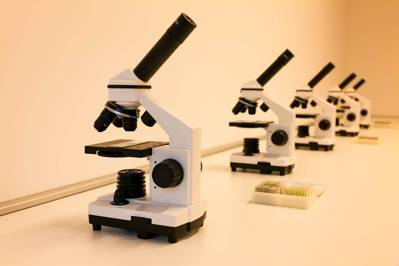 hero-img-02 A series of microscopes on a lab table, ideal for scientific research and education.